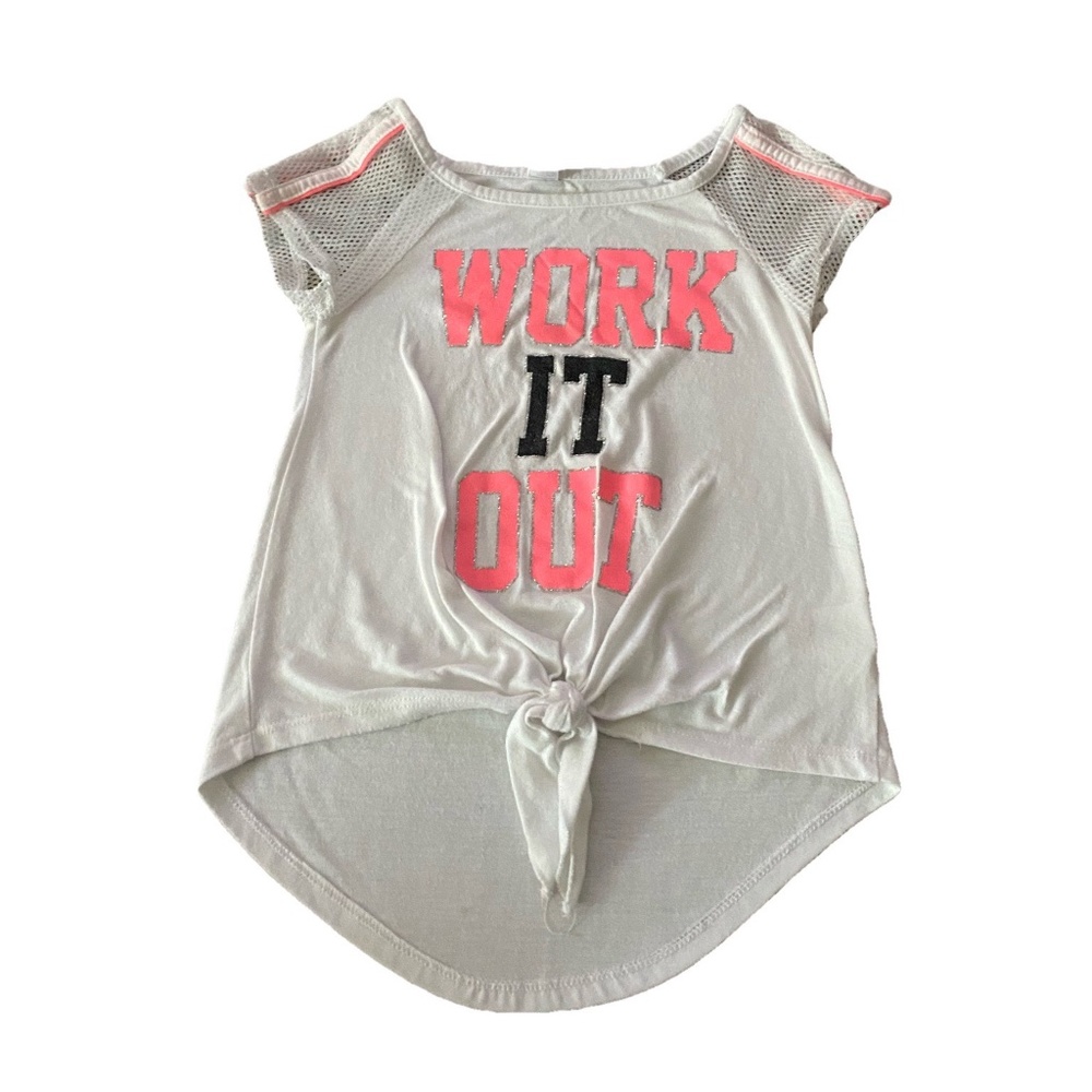 white shirt saying "Work It Out"